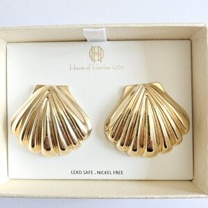 New House of Harlow 1960 Clam On A Half Shell Oversized Gold Tone Earrings